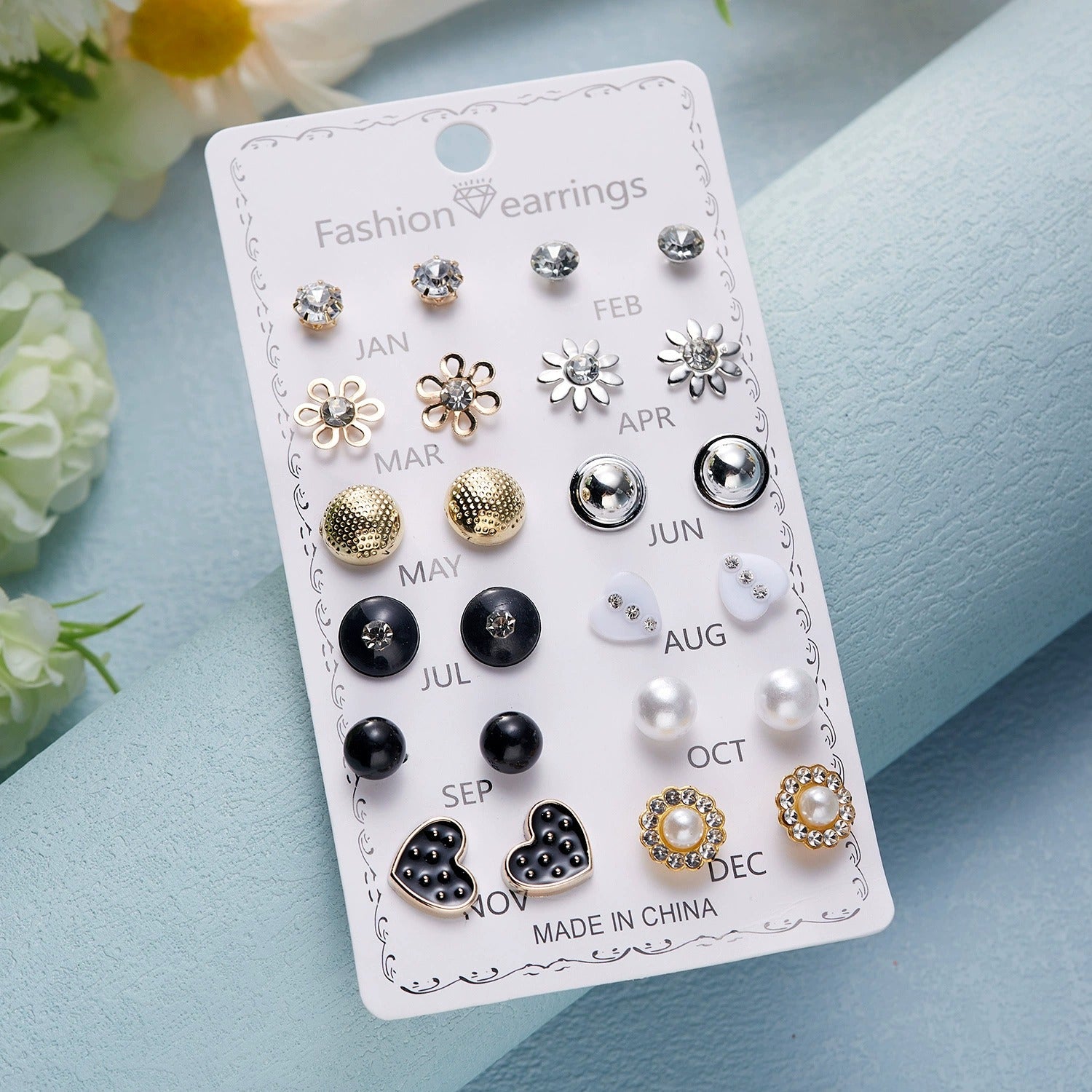 Elegant Crystal Flower Stud Earrings Set – 12 Pairs for Daily Wear