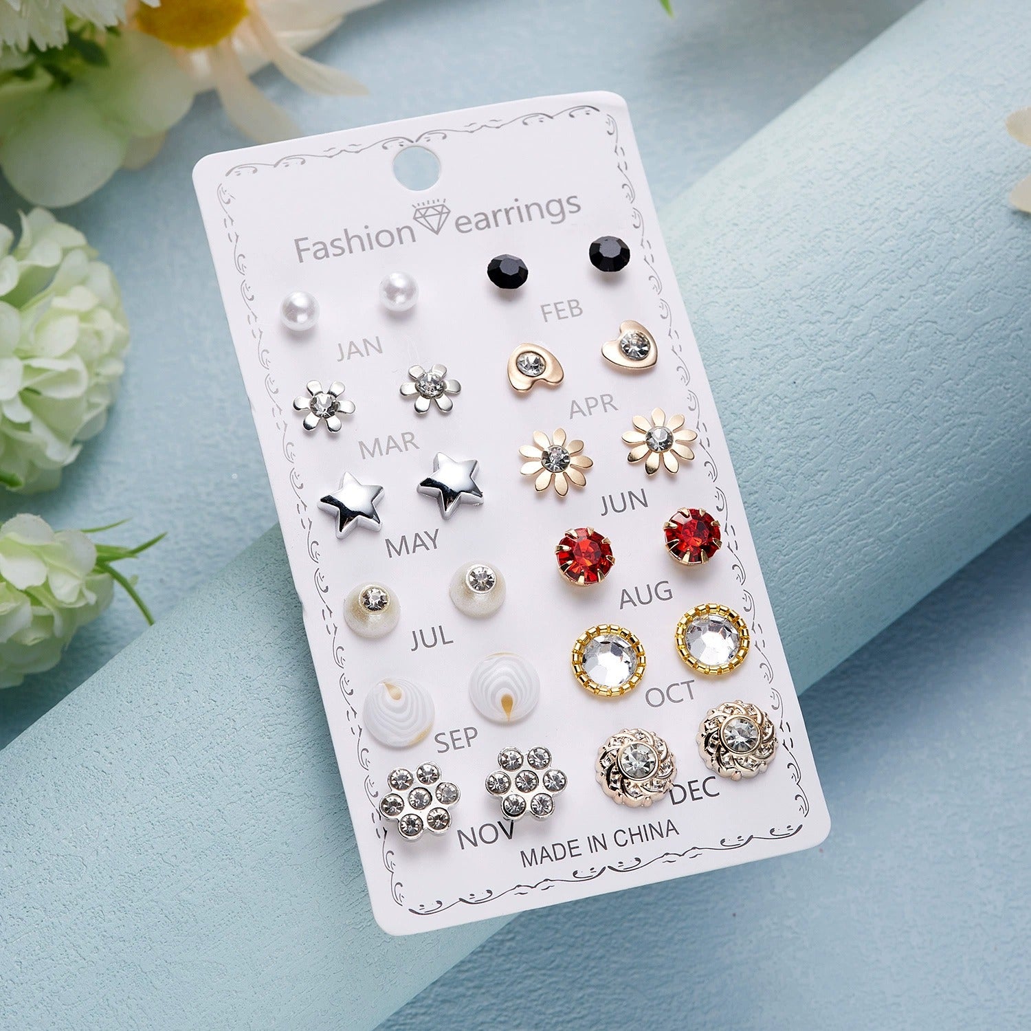 Elegant Crystal Flower Stud Earrings Set – 12 Pairs for Daily Wear