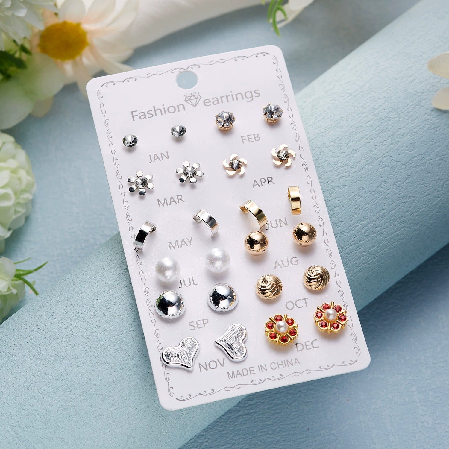 Elegant Crystal Flower Stud Earrings Set – 12 Pairs for Daily Wear