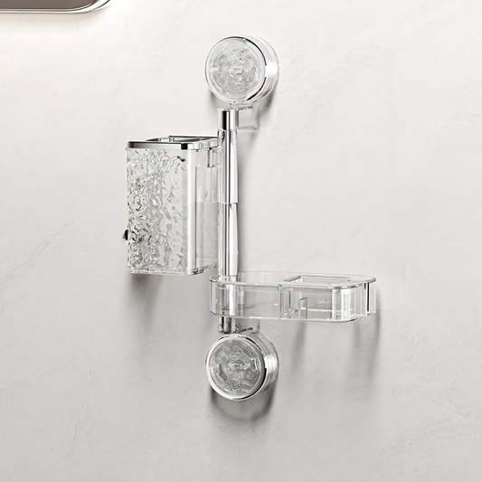 Bathroom Organiser Without Drill | Clear Plastic Toothbrush Holder & Hair Dryer Holder | Wall Mount | Self-Adhesive