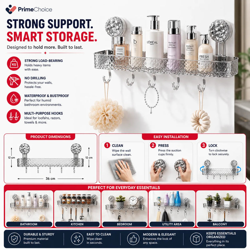 Primechoice Non-Perforated Vacuume Mount Storage Rack – Non-Drill Bathroom Wall Shelf for Toiletries & Washbasin