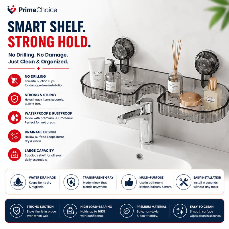 Suction Shelf for Sink Bathroom Storage Rack - Toothbrush Holder & Cosmetic Organizer