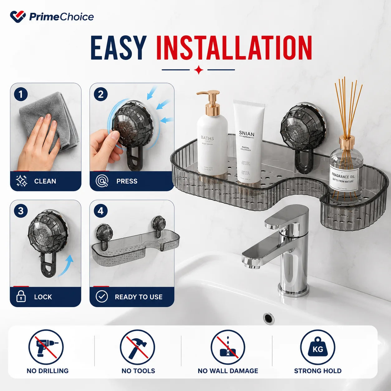 Suction Shelf for Sink Bathroom Storage Rack - Toothbrush Holder & Cosmetic Organizer